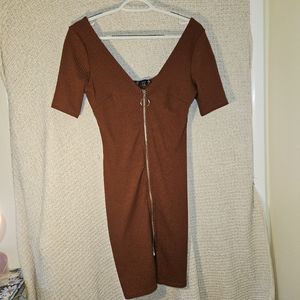 Full front zippered brown dress, mid arm length